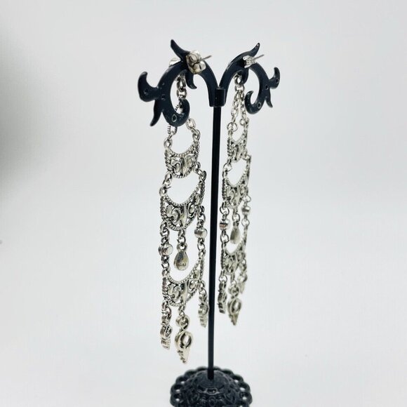 Pink Rhinestone Chandelier Earrings Silver Tone Pierced Vintage Boho Statement - Picture 5 of 6